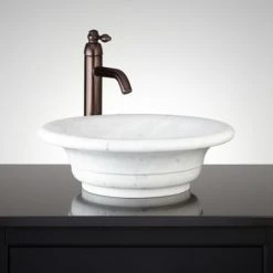Signature Hardware 17" Circular Curved Rim Carrara Marble Vessel Bathroom Sink - Set of 2