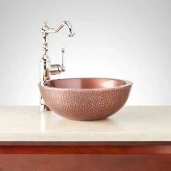 Signature Hardware Casalina 14" Circular Double-Wall Hammered Copper Vessel Bathroom Sink