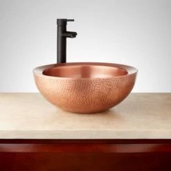Signature Hardware Casalina 16" Circular Double-Wall Hammered Copper Vessel Bathroom Sink