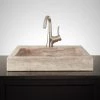 Signature Hardware 20" Square Polished Travertine Vessel Sink with Single Faucet Hole