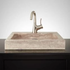 Signature Hardware 20" Square Polished Travertine Vessel Sink with Single Faucet Hole